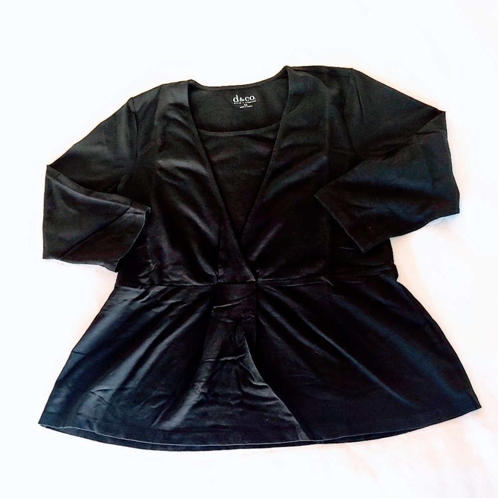 Denim & Co Black Peplum Shirt With 3/4 Sleeve